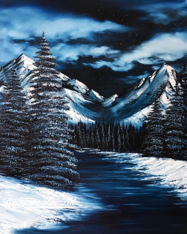 Starry Mountain Snowscape Winter Landscape Art Print by Artist Brandi Bruggman