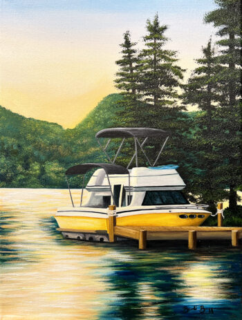 The Admiral - A Boat Docked at an island in Lake George at Golden Hour Landscape Art Print by Brandi Bruggman.