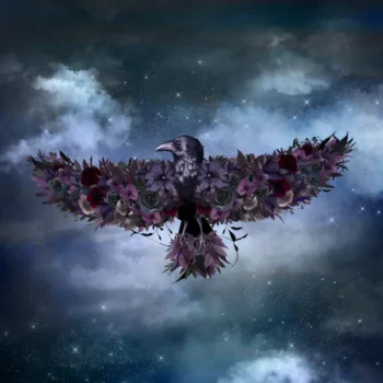 floral raven in flight at night digital artwork by Brandi Bruggman