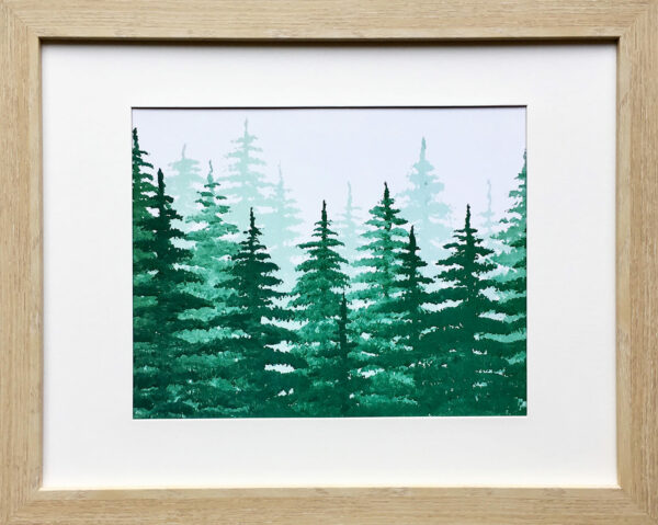 Pine Tree Forest Fade Art Print by Brandi Bruggman. Framed in a Light Wood Veneer Frame.