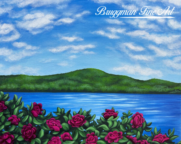 Pink Roses on the Lake - Adirondack Landscape Art Print by Artist Brandi Bruggman