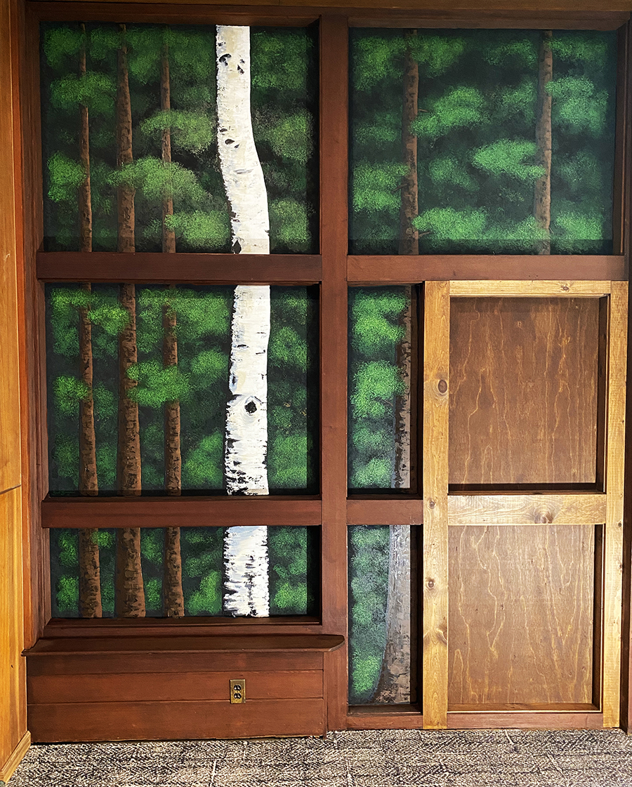 Pine & Birch Tree Mural on Glass by Adirondack Mural Artist Brandi Bruggman.