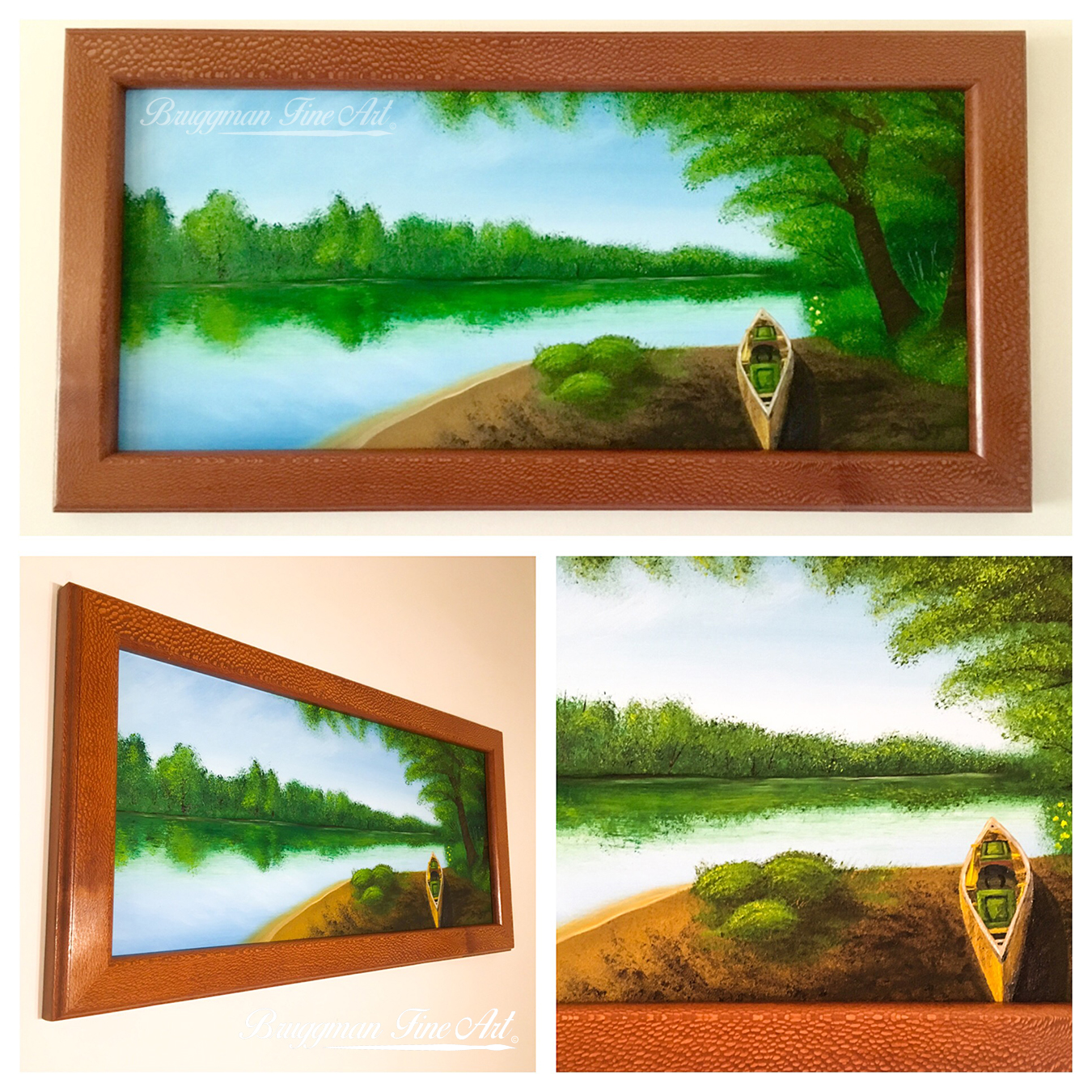 Canoe on the River Original Oil Painting Framed in Lace Wood by Artist Brandi Bruggman