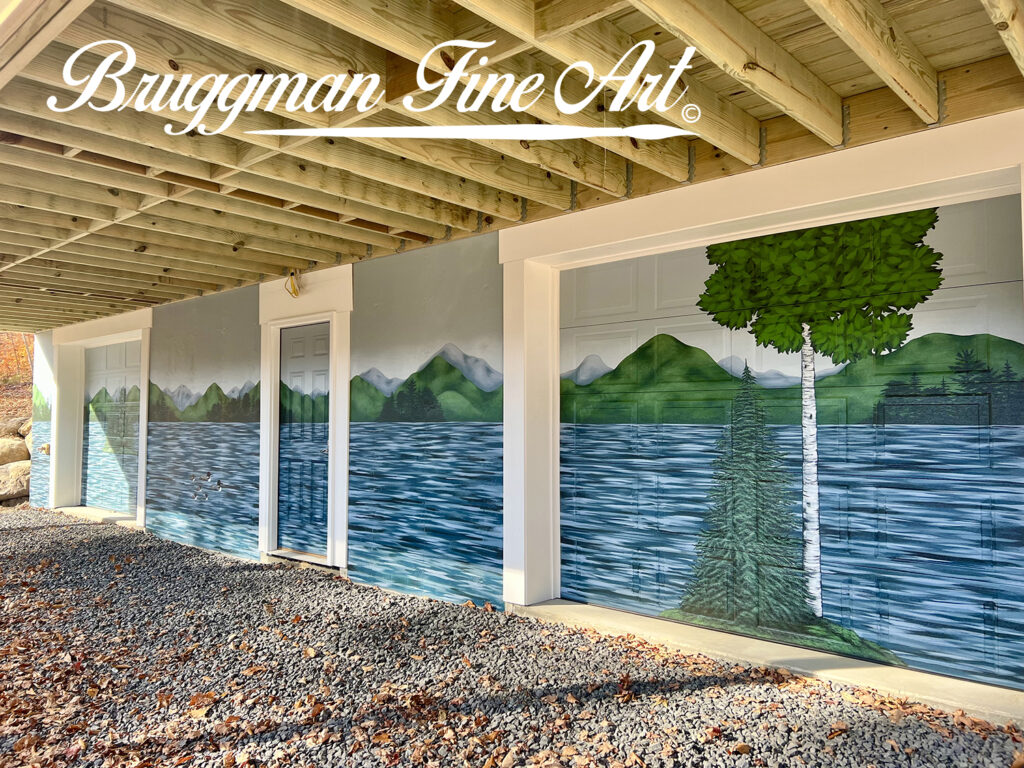 Adirondack Landscape Mural Designed and Painted on Masonry Foundation and Vinyl Garage Doors by Artist Brandi Bruggman.